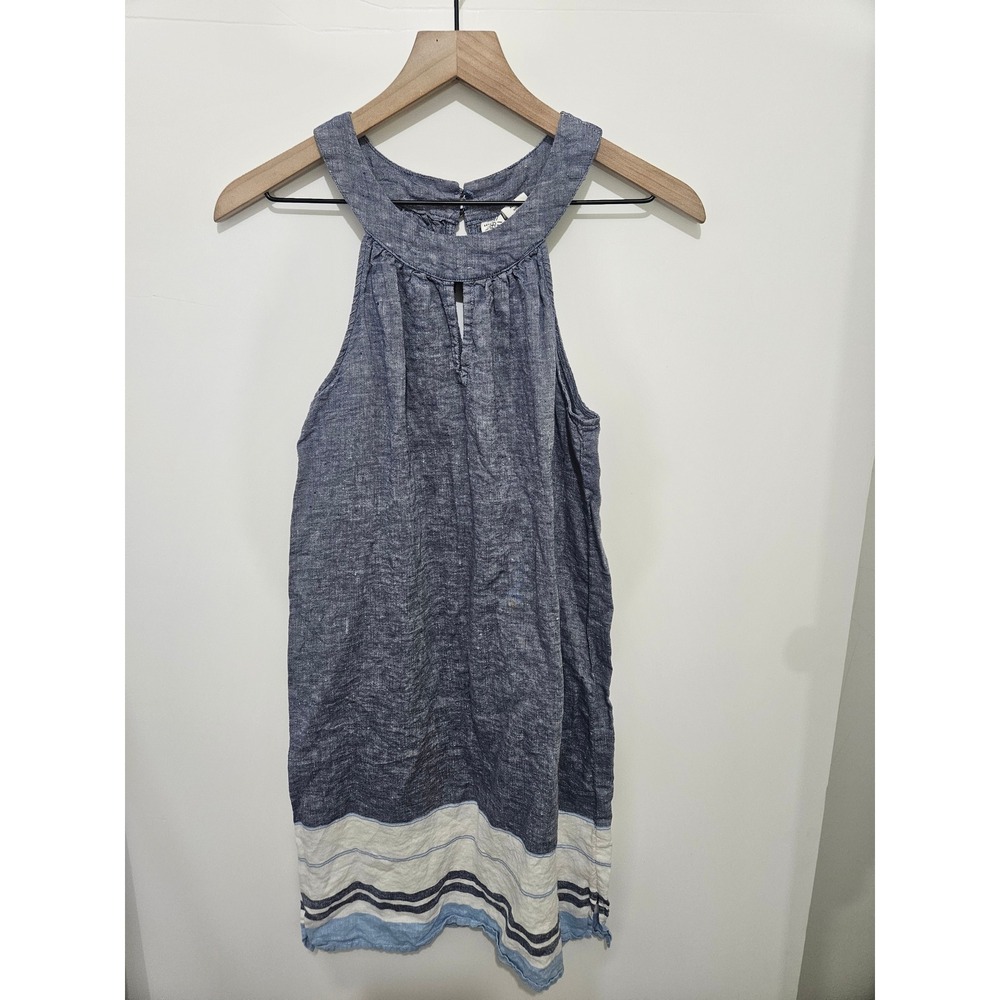 Artisan NY Blue 100%‎ Linen Halter Mini Dress Striped Hem XS